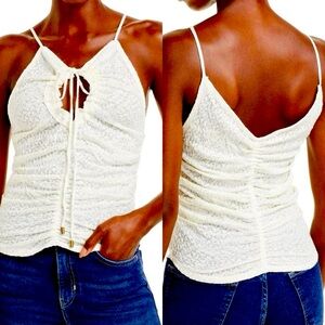 Free People Love Her Lace Illusion Top Keyhole Neck Ruched in White